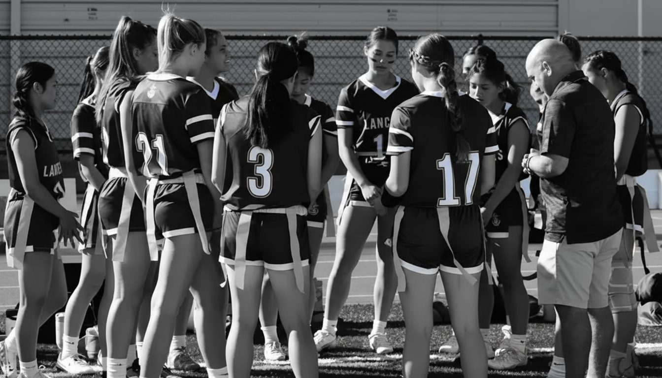 Girls flag football athletes participating in a 2x2 Sports program